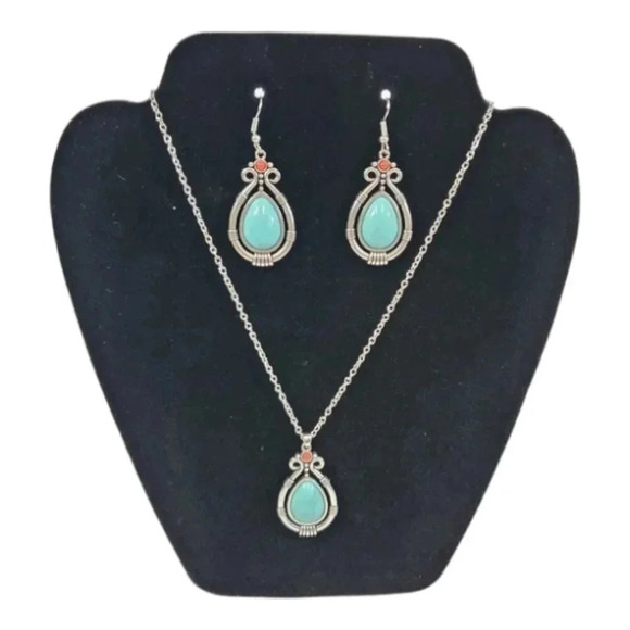 Blue and Red Rhinestone Teardrop Earrings and Necklace Set - Picture 2 of 5